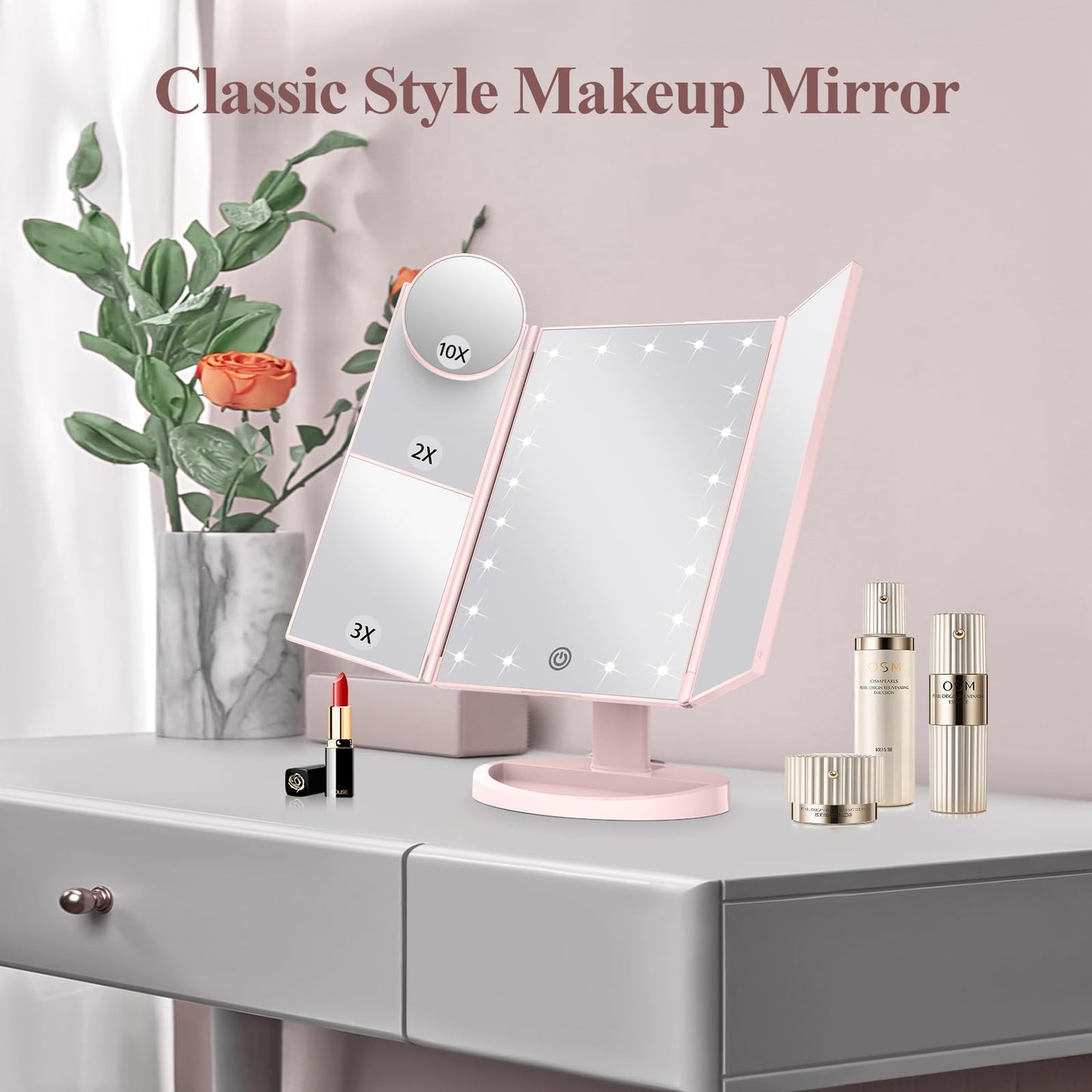 Lighted Vanity Makeup Mirror with 2X/3X/10X Magnification – Trifold LED Mirror with Touch Control & Dual Power Supply