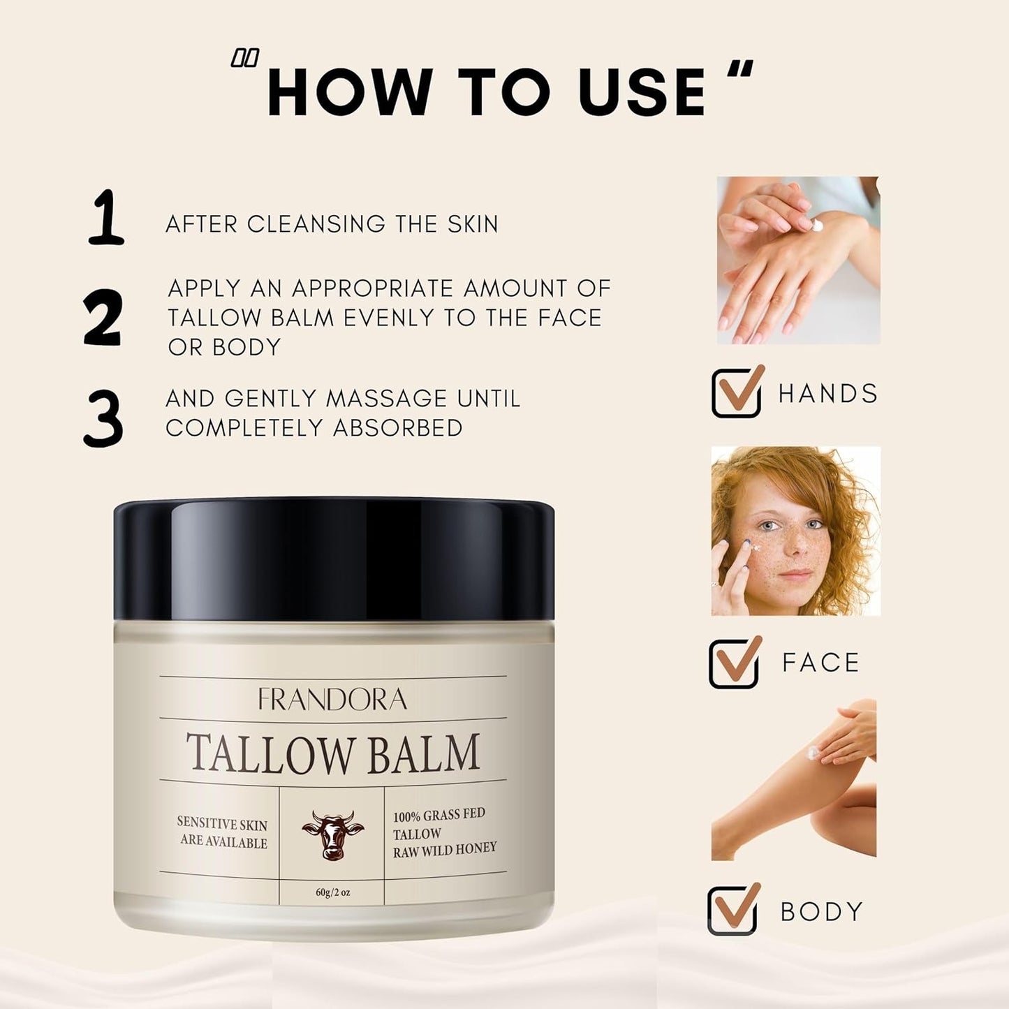 Beef Tallow for Skin Care, Grass Fed Beef Tallow & Honey Balm – All-Natural Moisturizer