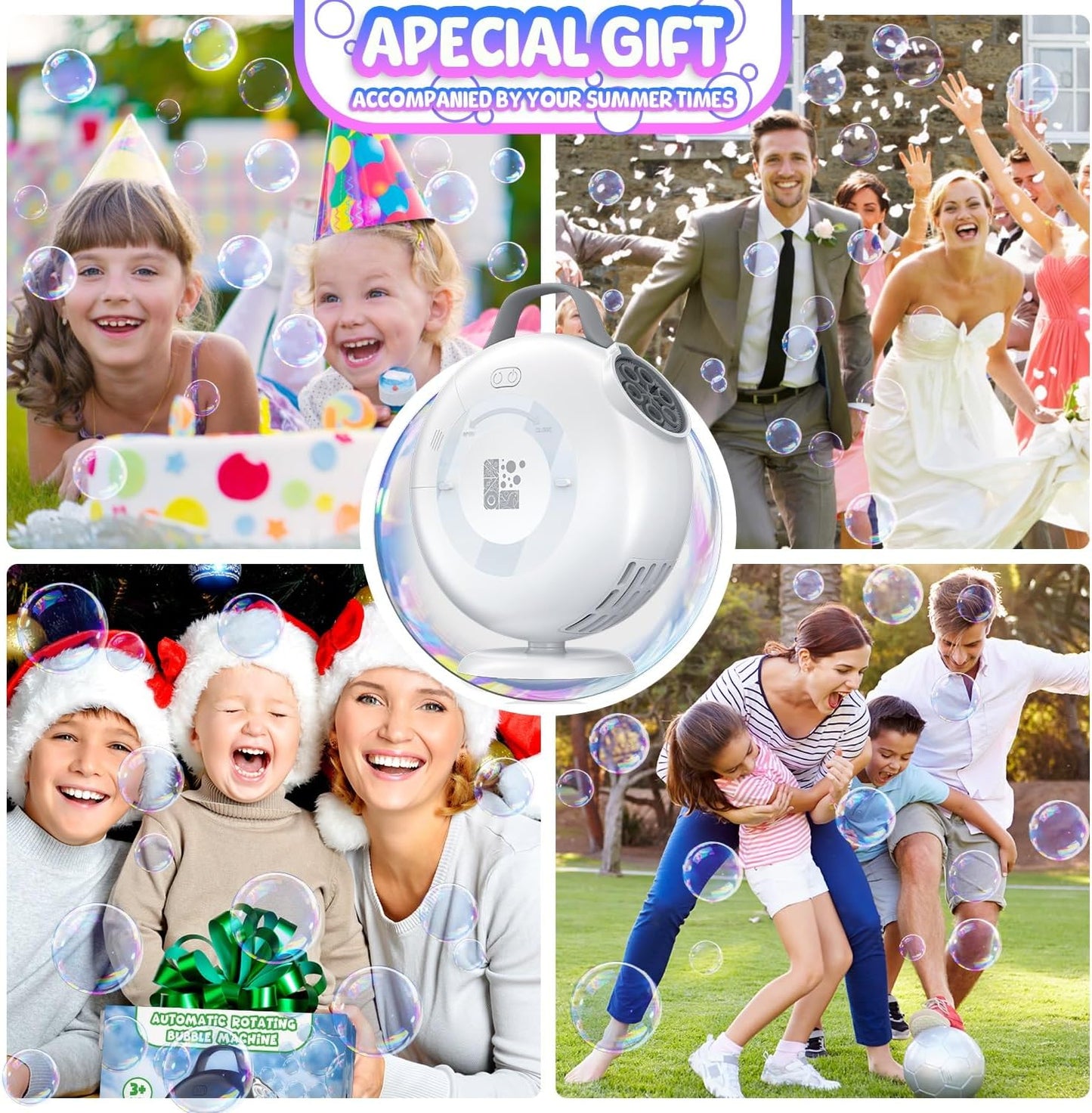 Bubble Machine, Automatic Bubble Blower for Kids Toddlers, 8000+ Bubbles Per Minute, 90° 200° Oscillating Electric Plug-in or Batteries Bubble Maker Toys for Outdoor Birthday Party - Deep White