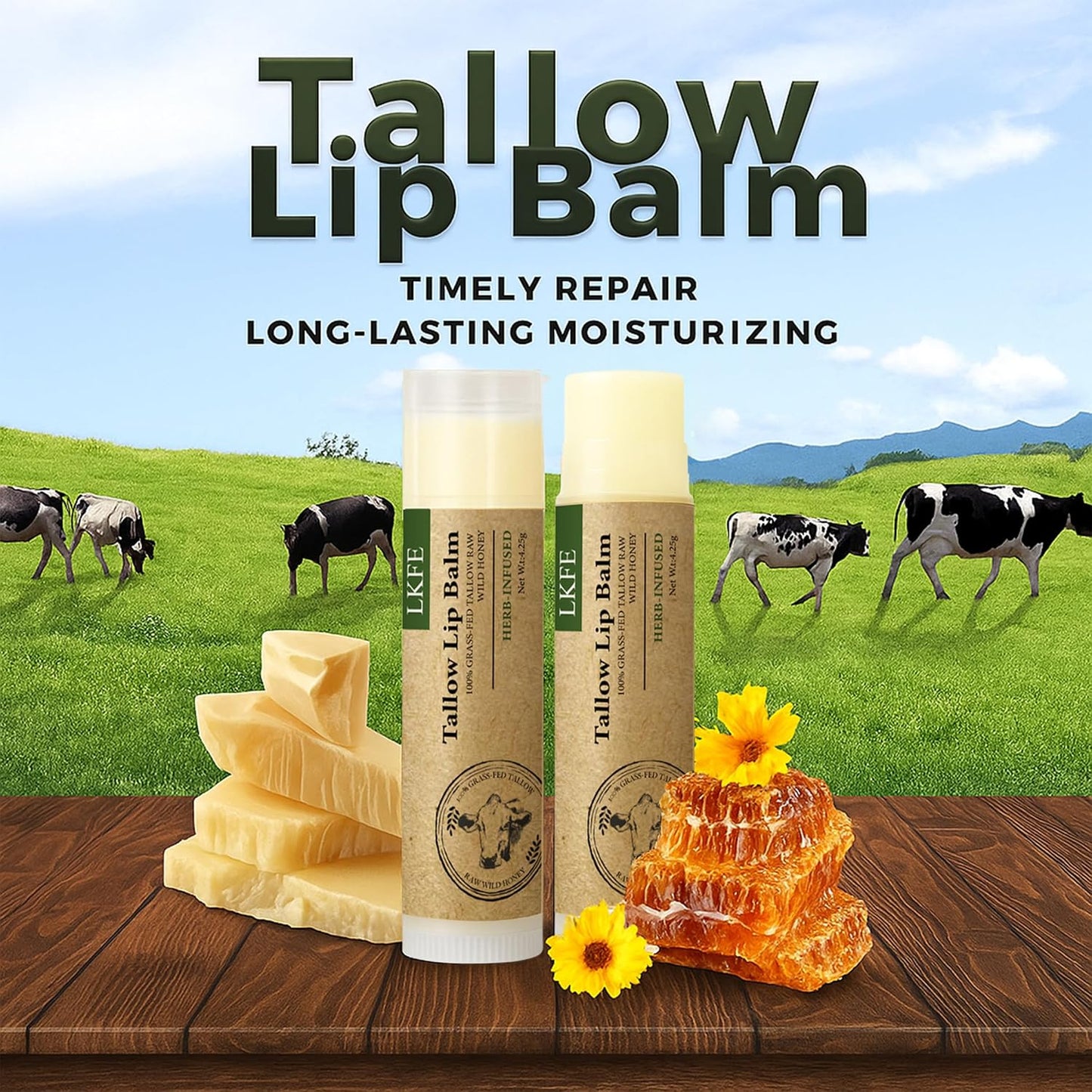Beef Tallow Lip Balm with Grass-Fed Tallow & Beeswax, Natural Lip Moisturizer