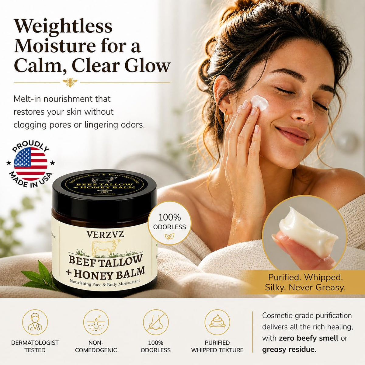 Organic Beef Tallow Honey Balm for Skin, Made in USA