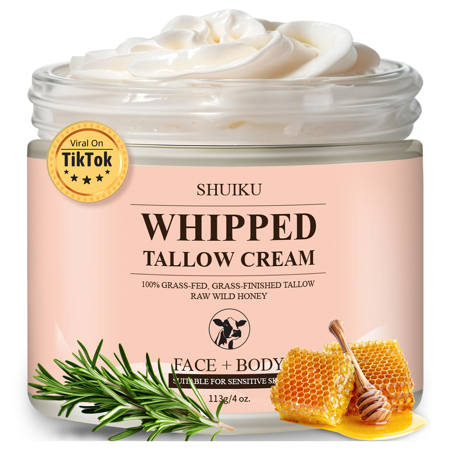 Whipped Organic Beef Tallow and Honey Balm, Beef Tallow for Face, Grass-Fed Beef Tallow Moisturizer
