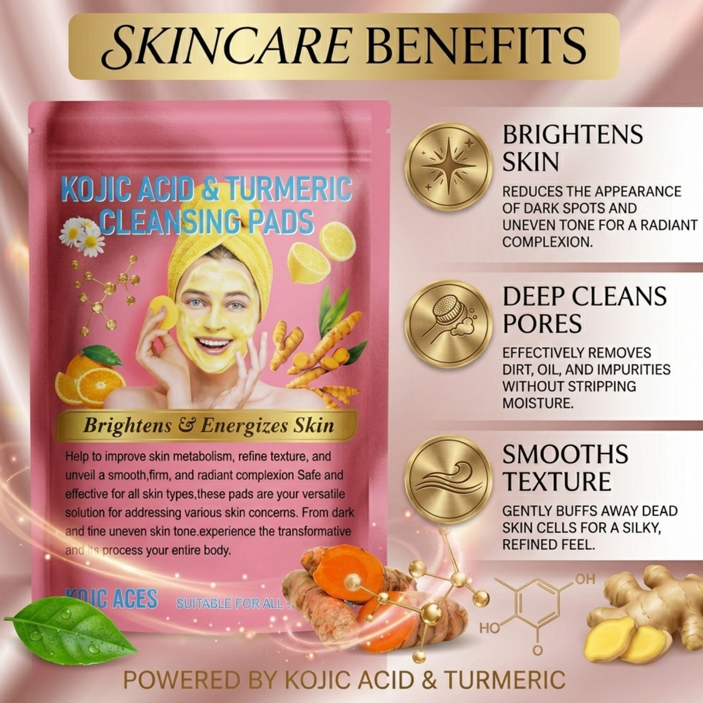 Turmeric Cleansing Pads with Kojic Acid – Brightening Face Scrub Pads (40 Count)