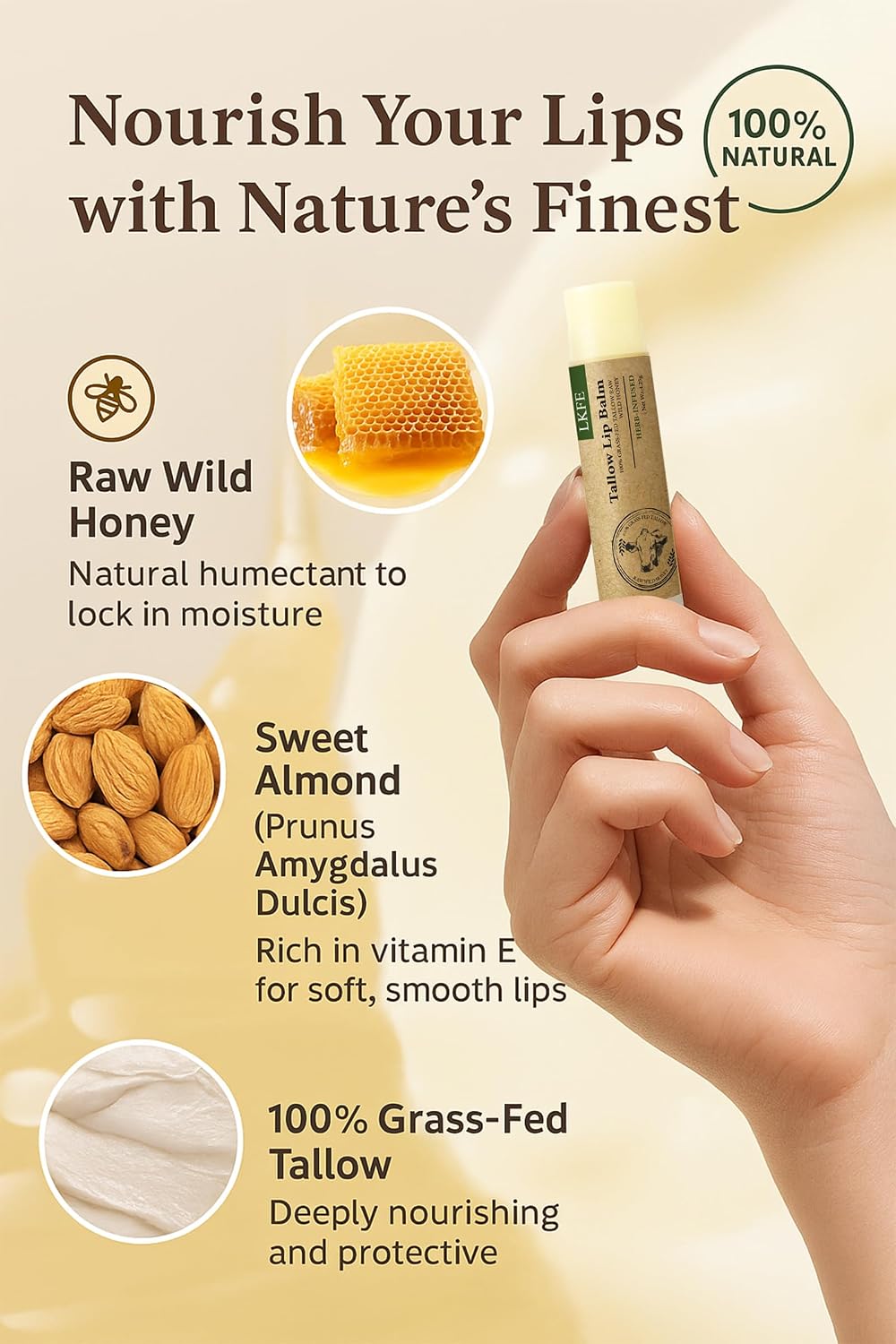 Beef Tallow Lip Balm with Grass-Fed Tallow & Beeswax, Natural Lip Moisturizer