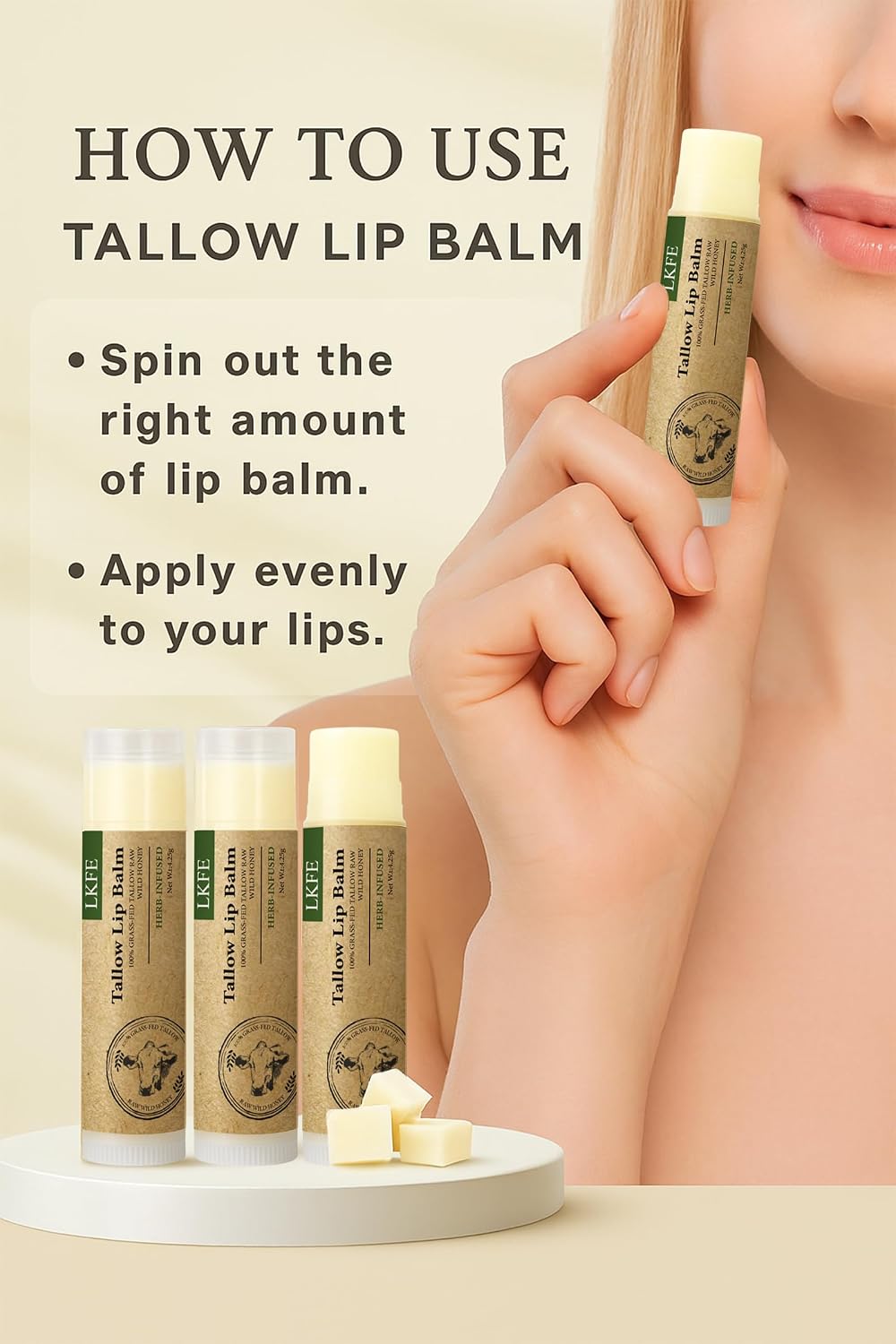 Beef Tallow Lip Balm with Grass-Fed Tallow & Beeswax, Natural Lip Moisturizer