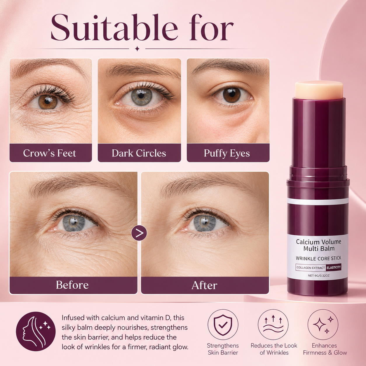 Calcium Multi Balm Stick for Face, Eyes, Lips & Neck – Korean Collagen Moisturizing Balm with Vitamin D & Shea Butter for Dry Skin, Firming, Hydrating & Skin Barrier Care, for All Skin Types