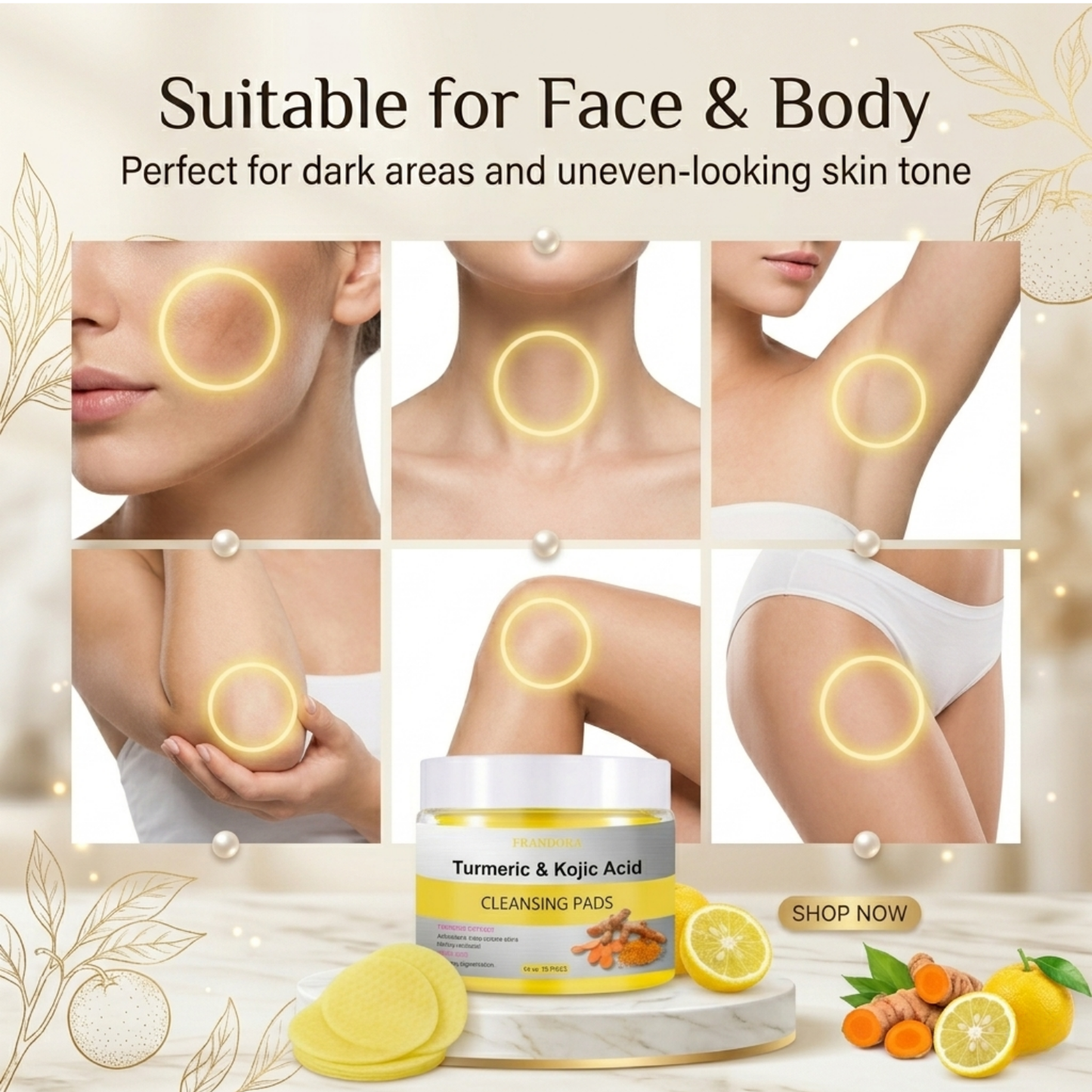 Turmeric & Kojic Acid Cleansing Pads – Brightening Face & Body Wipes (55 Pads)