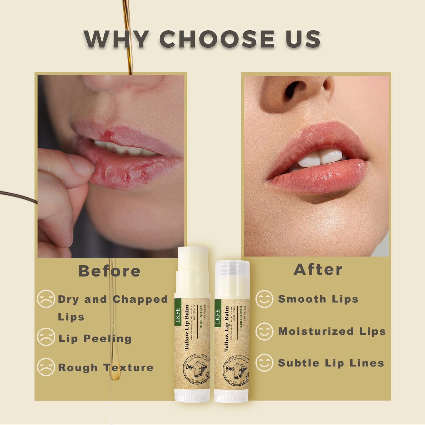 Beef Tallow Lip Balm – Natural, Hydrating, Vitamin-Rich Moisturizer