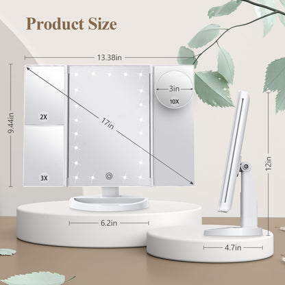 Lighted Vanity Makeup Mirror with 2X/3X/10X Magnification – Trifold LED Mirror with Touch Control & Dual Power Supply
