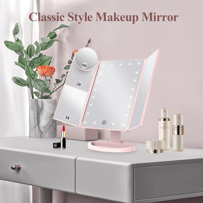 Lighted Vanity Makeup Mirror with 2X/3X/10X Magnification – Trifold LED Mirror with Touch Control & Dual Power Supply