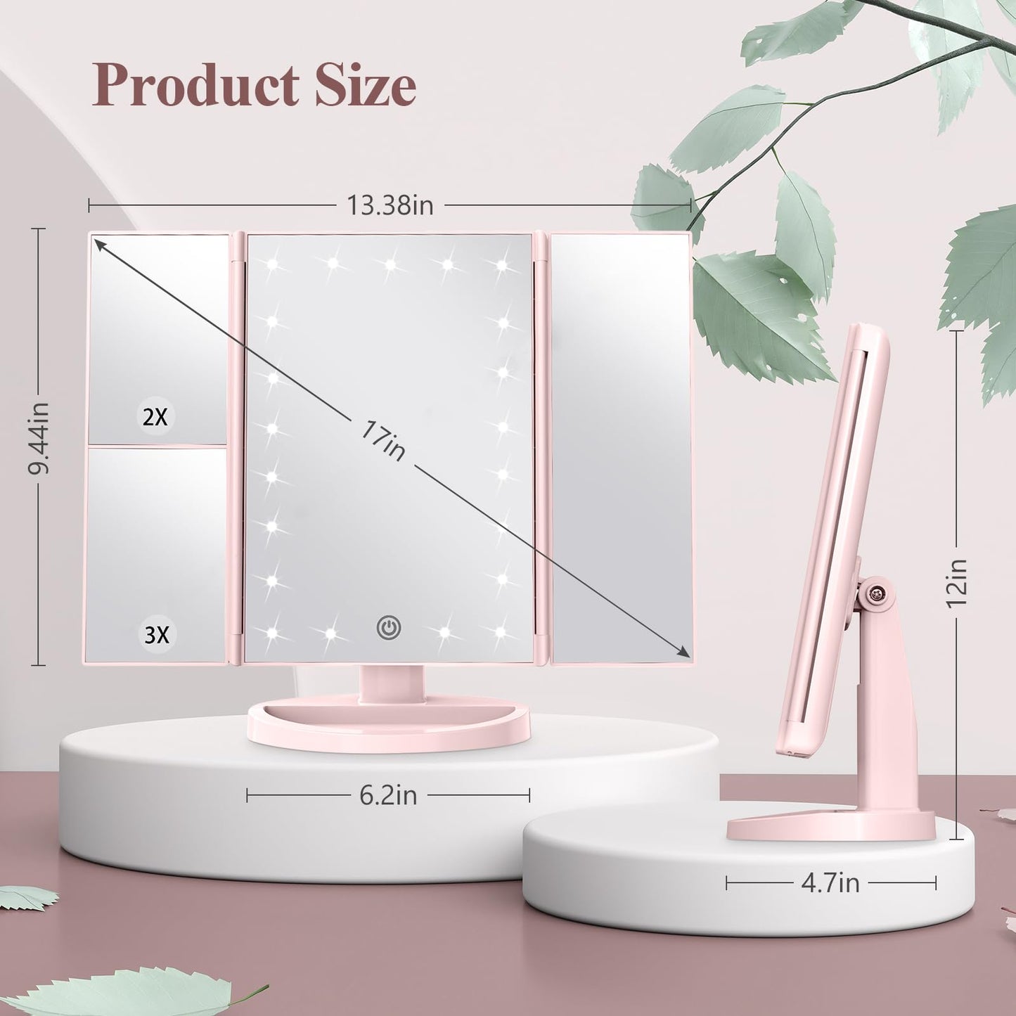 Lighted Vanity Makeup Mirror with 2X/3X/10X Magnification – Trifold LED Mirror with Touch Control & Dual Power Supply