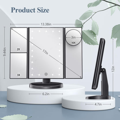 Lighted Vanity Makeup Mirror with 2X/3X/10X Magnification – Trifold LED Mirror with Touch Control & Dual Power Supply