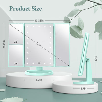 Lighted Vanity Makeup Mirror with 2X/3X/10X Magnification – Trifold LED Mirror with Touch Control & Dual Power Supply