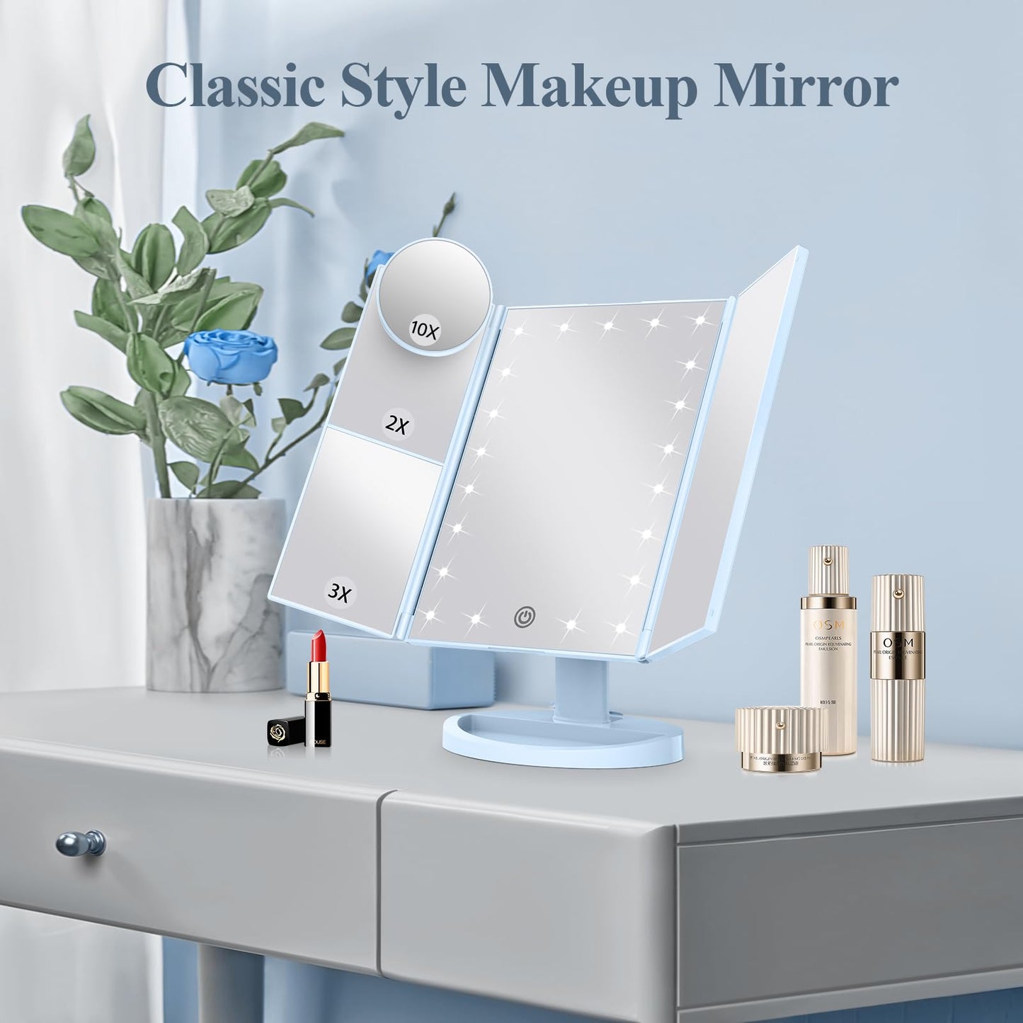 Lighted Vanity Makeup Mirror with 2X/3X/10X Magnification – Trifold LED Mirror with Touch Control & Dual Power Supply