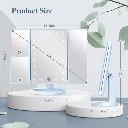 Lighted Vanity Makeup Mirror with 2X/3X/10X Magnification – Trifold LED Mirror with Touch Control & Dual Power Supply