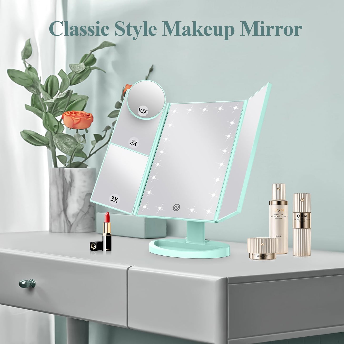 Lighted Vanity Makeup Mirror with 2X/3X/10X Magnification – Trifold LED Mirror with Touch Control & Dual Power Supply