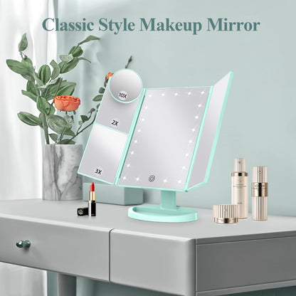 Lighted Vanity Makeup Mirror with 2X/3X/10X Magnification – Trifold LED Mirror with Touch Control & Dual Power Supply