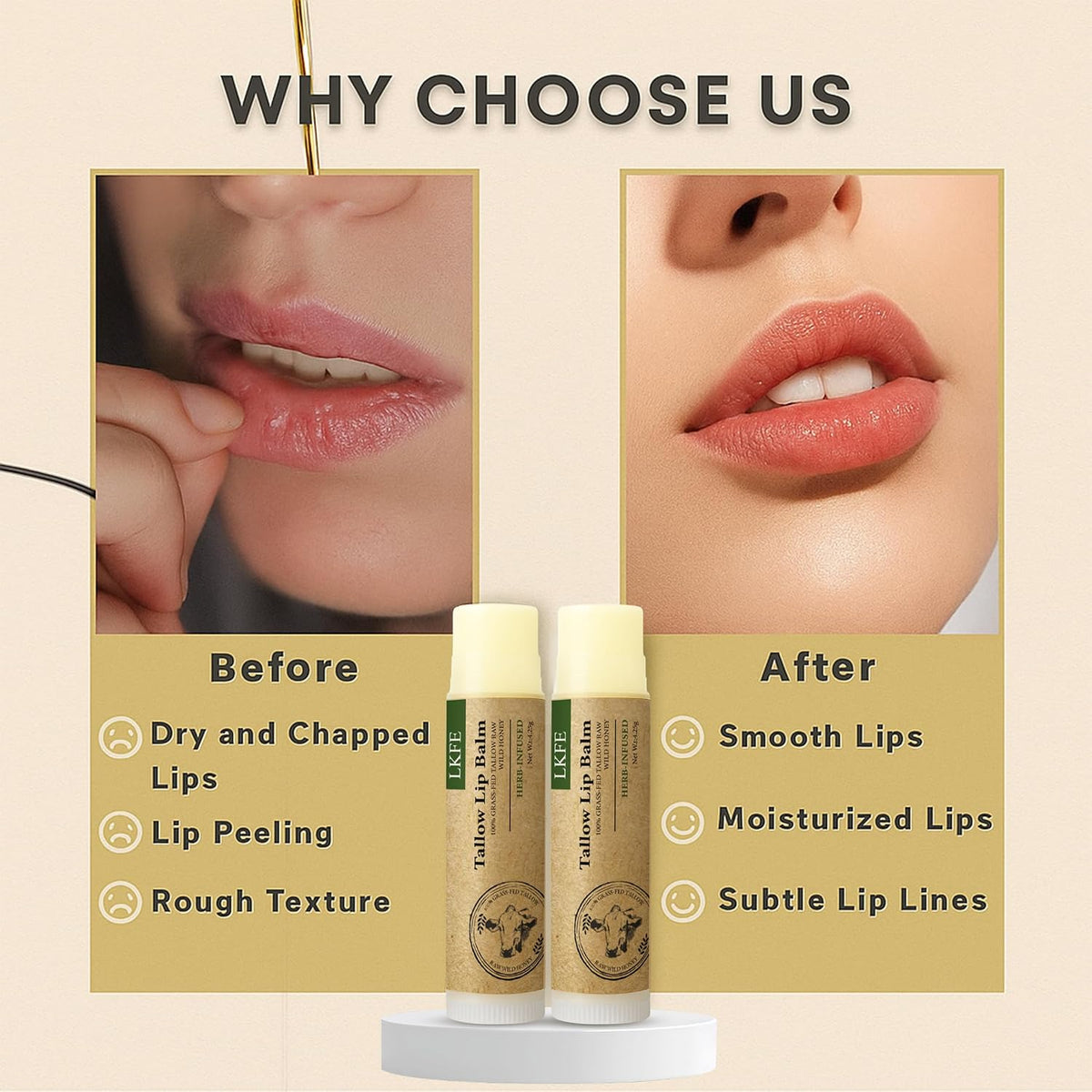 Beef Tallow Lip Balm with Grass-Fed Tallow & Beeswax, Natural Lip Moisturizer