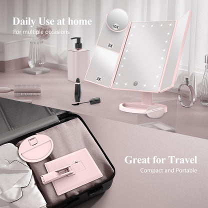 Lighted Vanity Makeup Mirror with 2X/3X/10X Magnification – Trifold LED Mirror with Touch Control & Dual Power Supply
