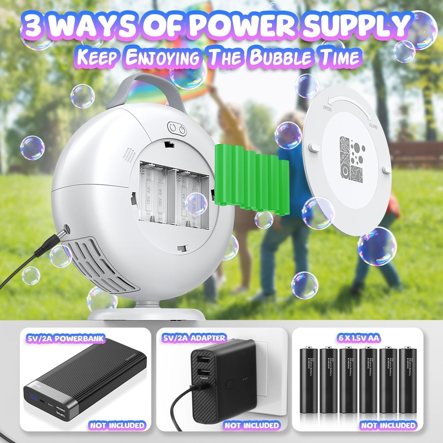 Bubble Machine, Automatic Bubble Blower for Kids Toddlers, 8000+ Bubbles Per Minute, 90° 200° Oscillating Electric Plug-in or Batteries Bubble Maker Toys for Outdoor Birthday Party - Deep White