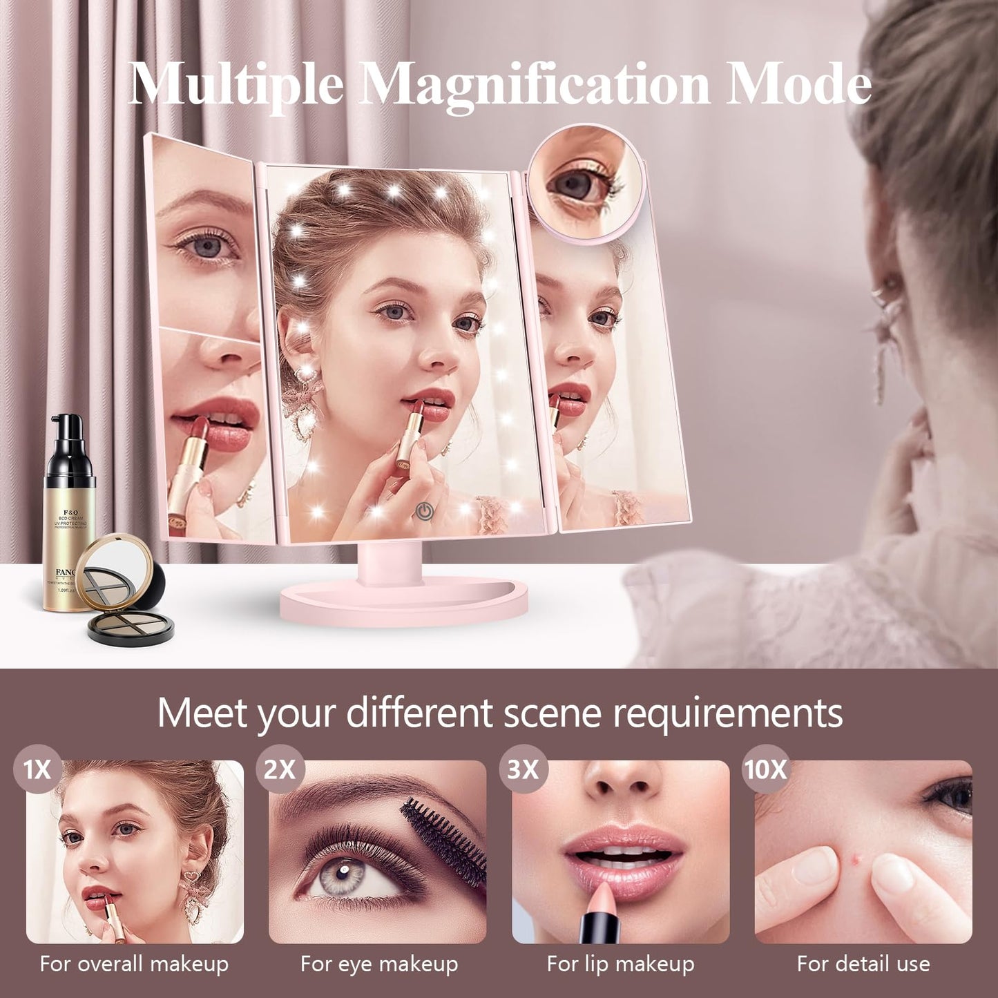 Lighted Vanity Makeup Mirror with 2X/3X/10X Magnification – Trifold LED Mirror with Touch Control & Dual Power Supply