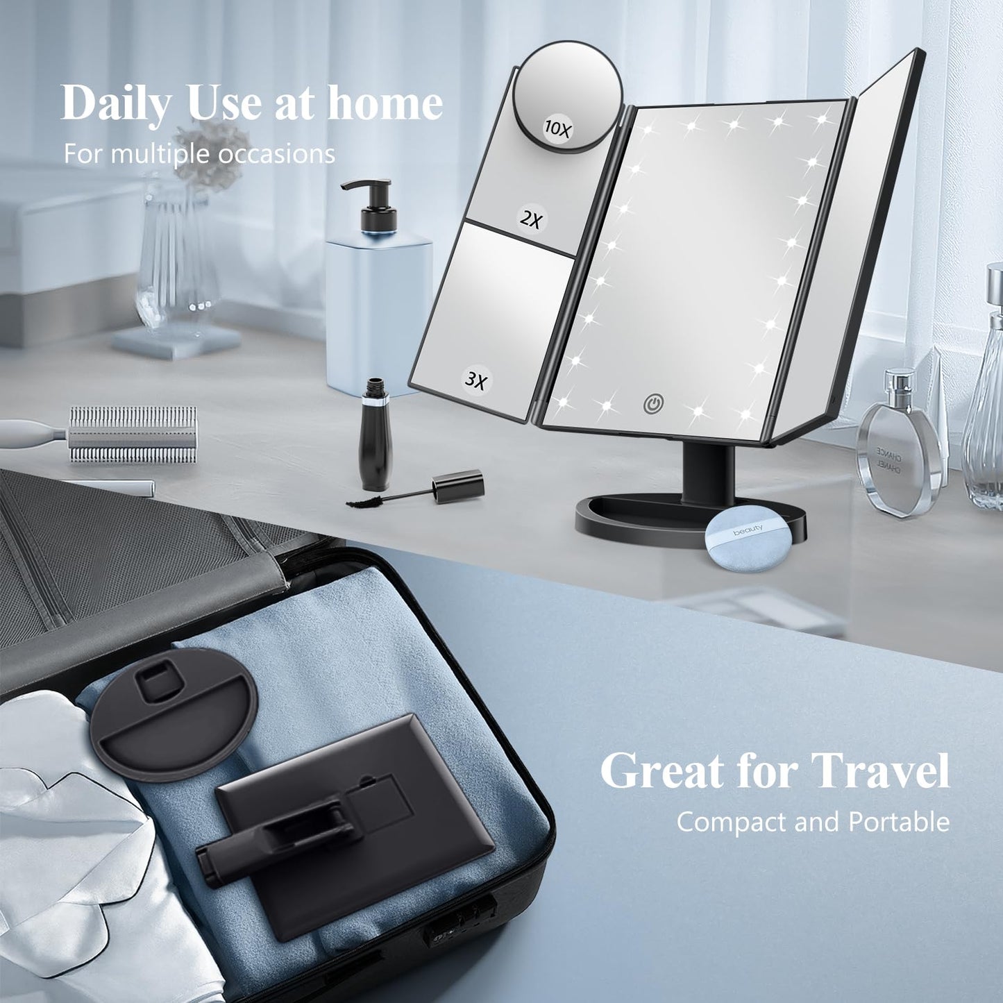 Lighted Vanity Makeup Mirror with 2X/3X/10X Magnification – Trifold LED Mirror with Touch Control & Dual Power Supply