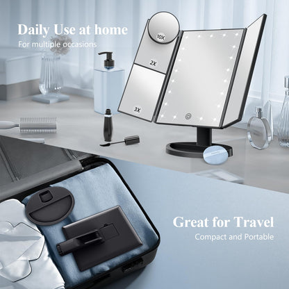Lighted Vanity Makeup Mirror with 2X/3X/10X Magnification – Trifold LED Mirror with Touch Control & Dual Power Supply