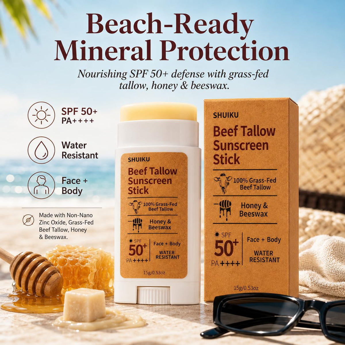 Beef Tallow Mineral Sunscreen Stick SPF 50 with Non-Nano Zinc Oxide, 0.53 oz