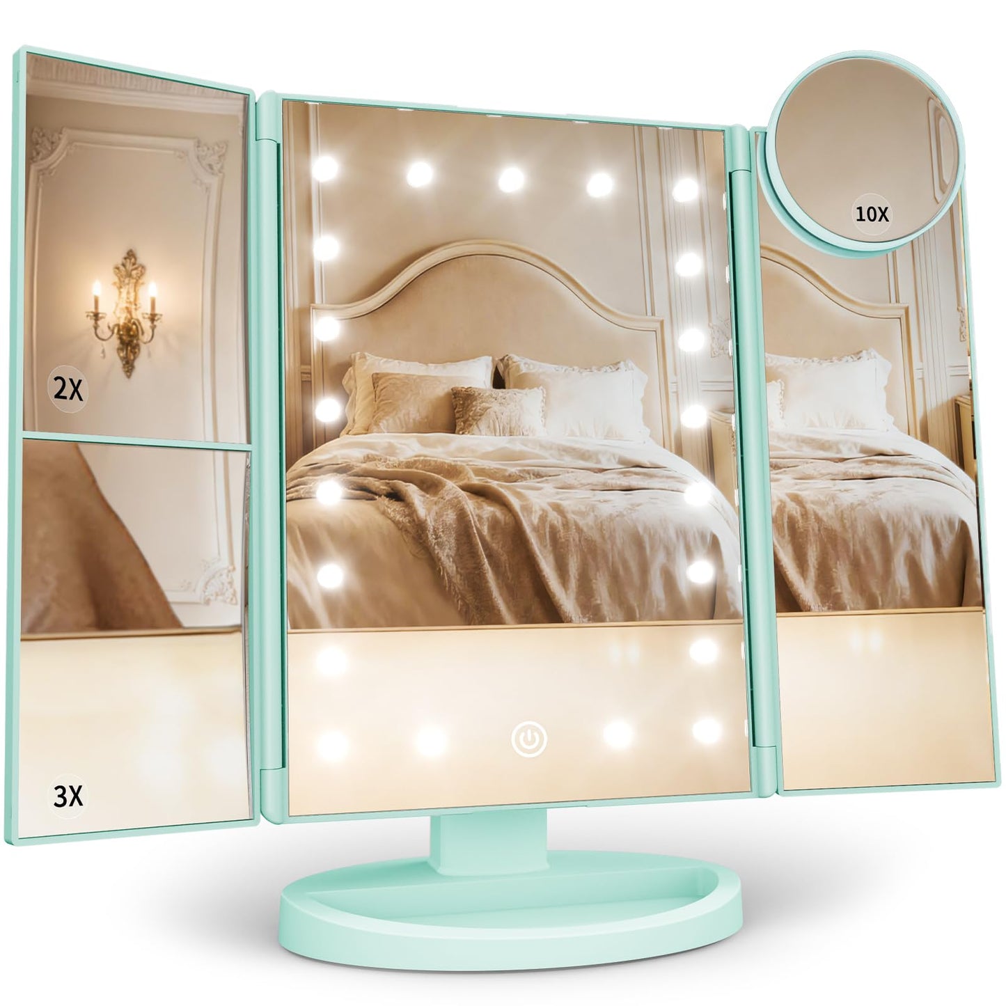 Lighted Vanity Makeup Mirror with 2X/3X/10X Magnification – Trifold LED Mirror with Touch Control & Dual Power Supply