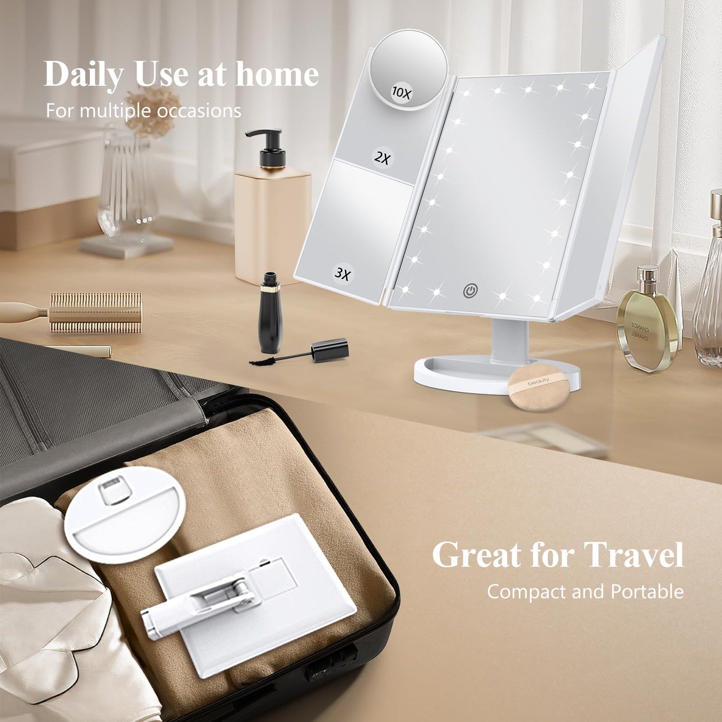 Lighted Vanity Makeup Mirror with 2X/3X/10X Magnification – Trifold LED Mirror with Touch Control & Dual Power Supply