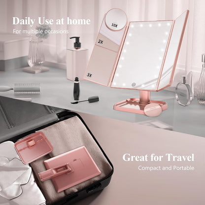 Lighted Vanity Makeup Mirror with 2X/3X/10X Magnification – Trifold LED Mirror with Touch Control & Dual Power Supply