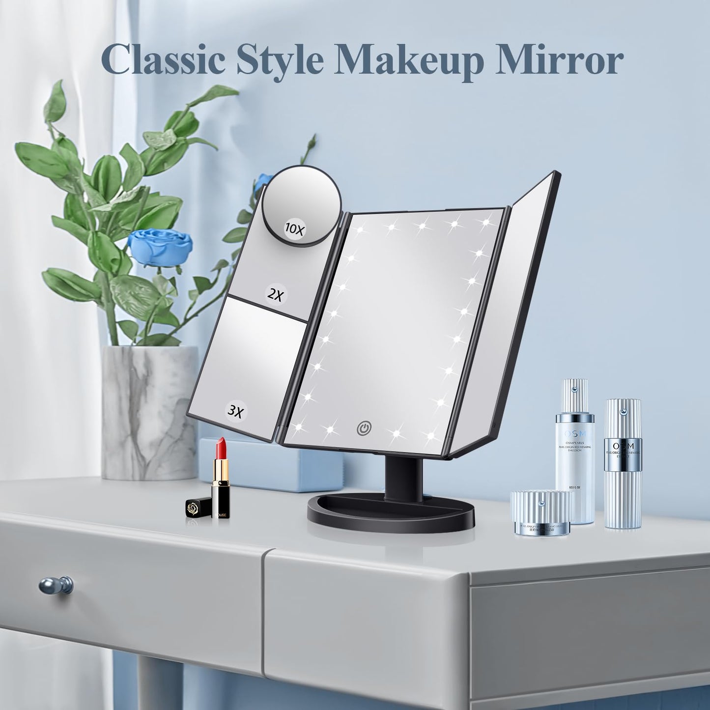 Lighted Vanity Makeup Mirror with 2X/3X/10X Magnification – Trifold LED Mirror with Touch Control & Dual Power Supply