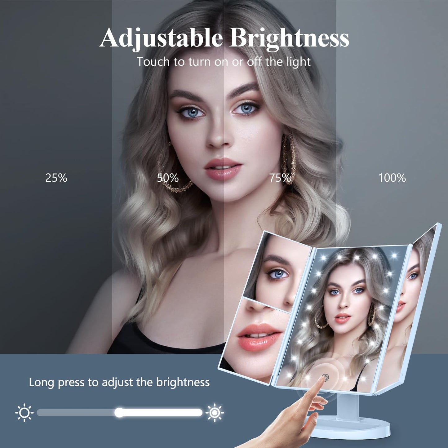 Lighted Vanity Makeup Mirror with 2X/3X/10X Magnification – Trifold LED Mirror with Touch Control & Dual Power Supply