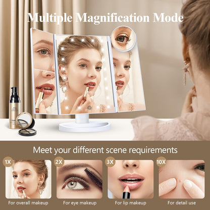 Lighted Vanity Makeup Mirror with 2X/3X/10X Magnification – Trifold LED Mirror with Touch Control & Dual Power Supply