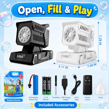 Bubble Machine Remote Control 98ft Range,Auto Rotation & 11 RGB Lights, 1800mAh Rechargeable Battery/USB-C Charging,Top-Fill Portable Bubble Maker for Kids Birthday Party Wedding Pool Outdoor
