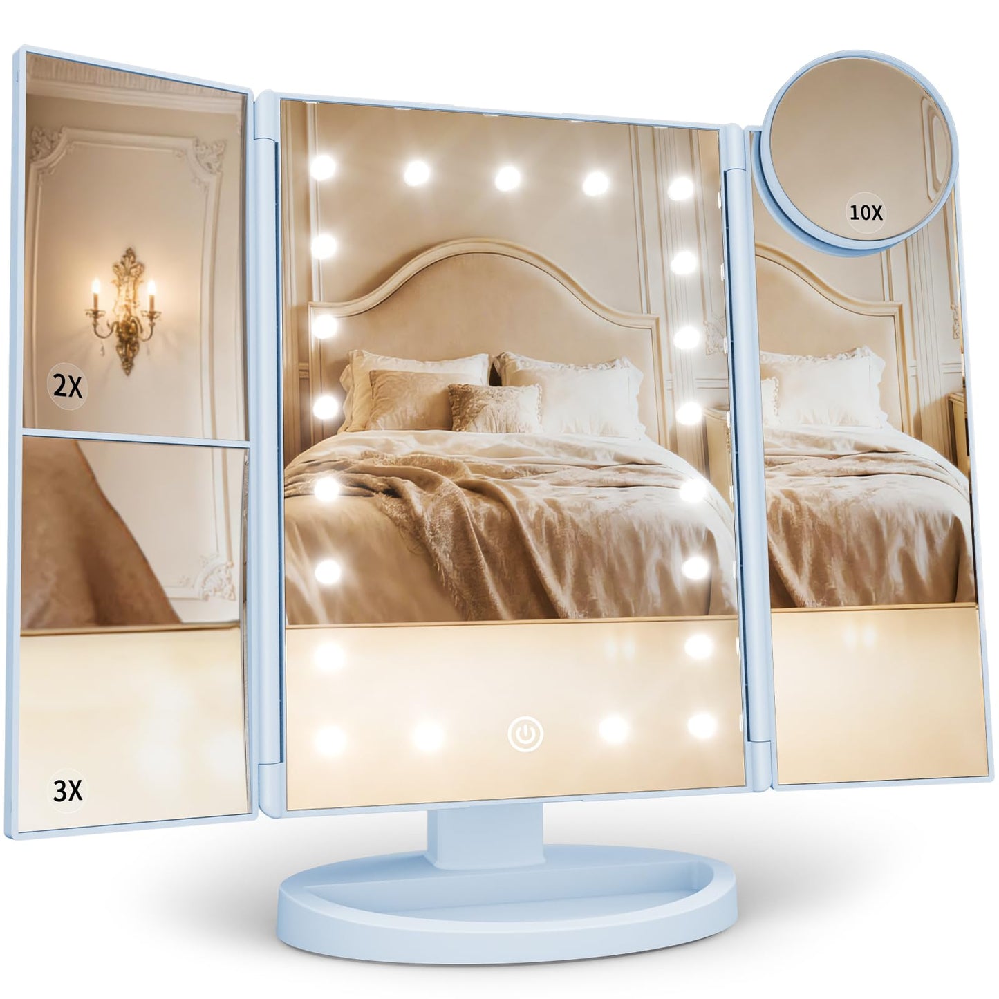 Lighted Vanity Makeup Mirror with 2X/3X/10X Magnification – Trifold LED Mirror with Touch Control & Dual Power Supply