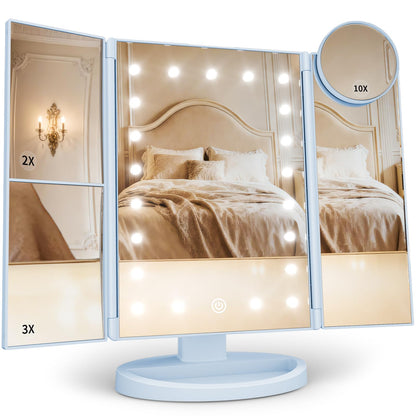 Lighted Vanity Makeup Mirror with 2X/3X/10X Magnification – Trifold LED Mirror with Touch Control & Dual Power Supply
