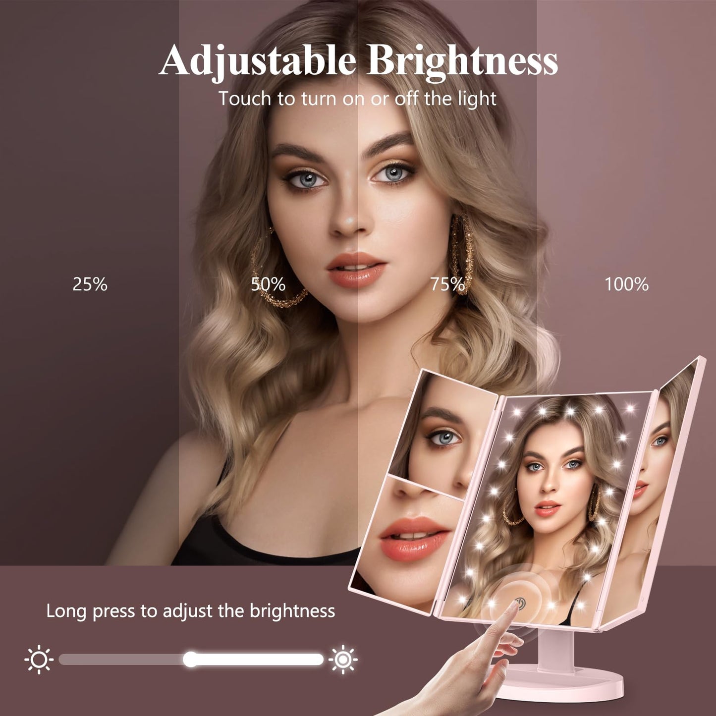 Lighted Vanity Makeup Mirror with 2X/3X/10X Magnification – Trifold LED Mirror with Touch Control & Dual Power Supply