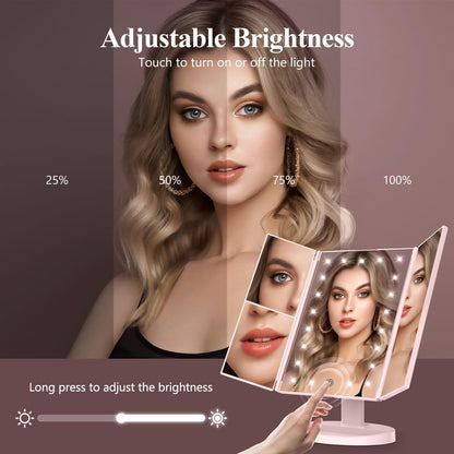 Lighted Vanity Makeup Mirror with 2X/3X/10X Magnification – Trifold LED Mirror with Touch Control & Dual Power Supply