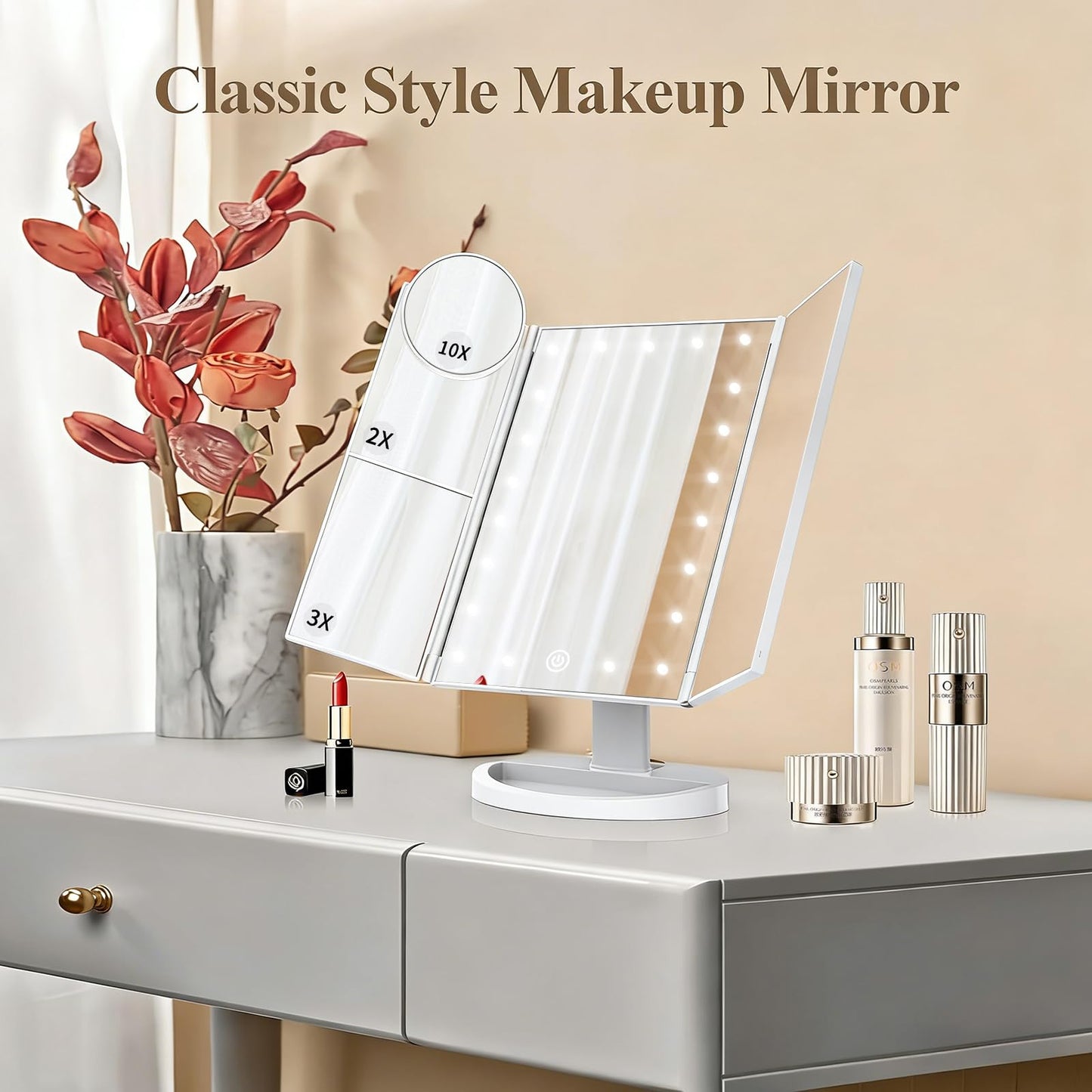 Lighted Vanity Makeup Mirror with 2X/3X/10X Magnification – Trifold LED Mirror with Touch Control & Dual Power Supply