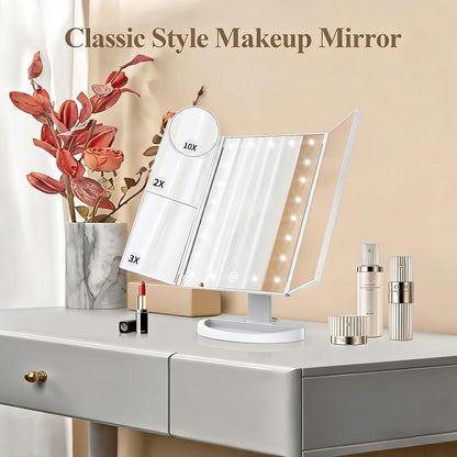 Lighted Vanity Makeup Mirror with 2X/3X/10X Magnification – Trifold LED Mirror with Touch Control & Dual Power Supply