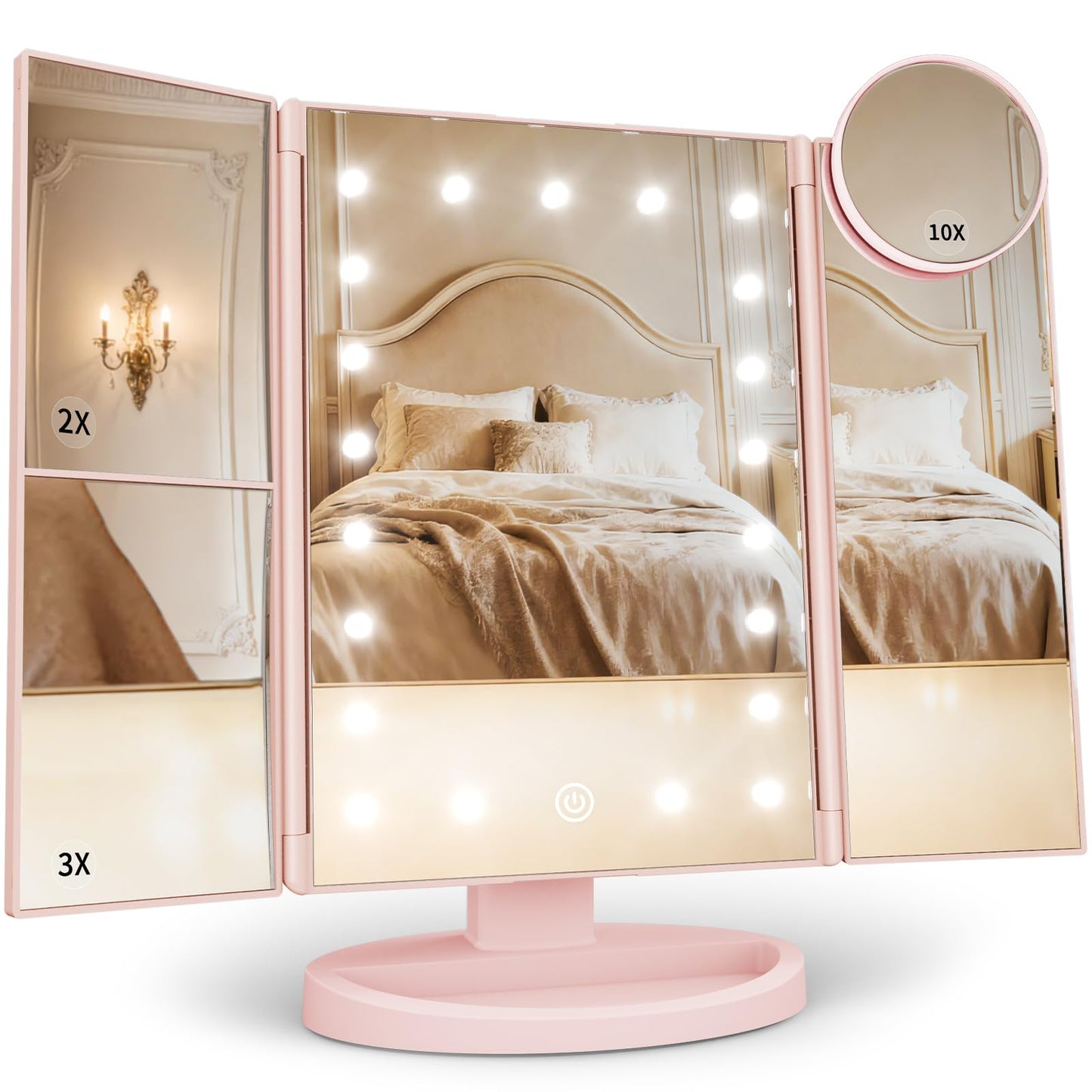 Lighted Vanity Makeup Mirror with 2X/3X/10X Magnification – Trifold LED Mirror with Touch Control & Dual Power Supply