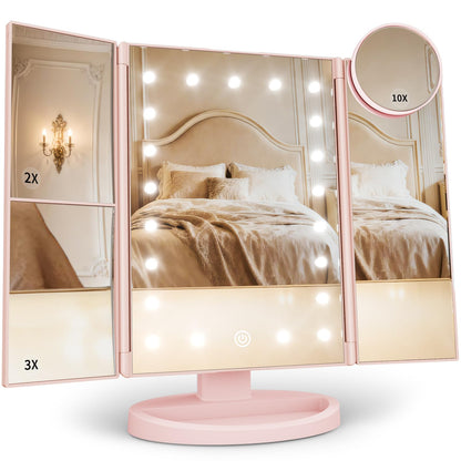 Lighted Vanity Makeup Mirror with 2X/3X/10X Magnification – Trifold LED Mirror with Touch Control & Dual Power Supply