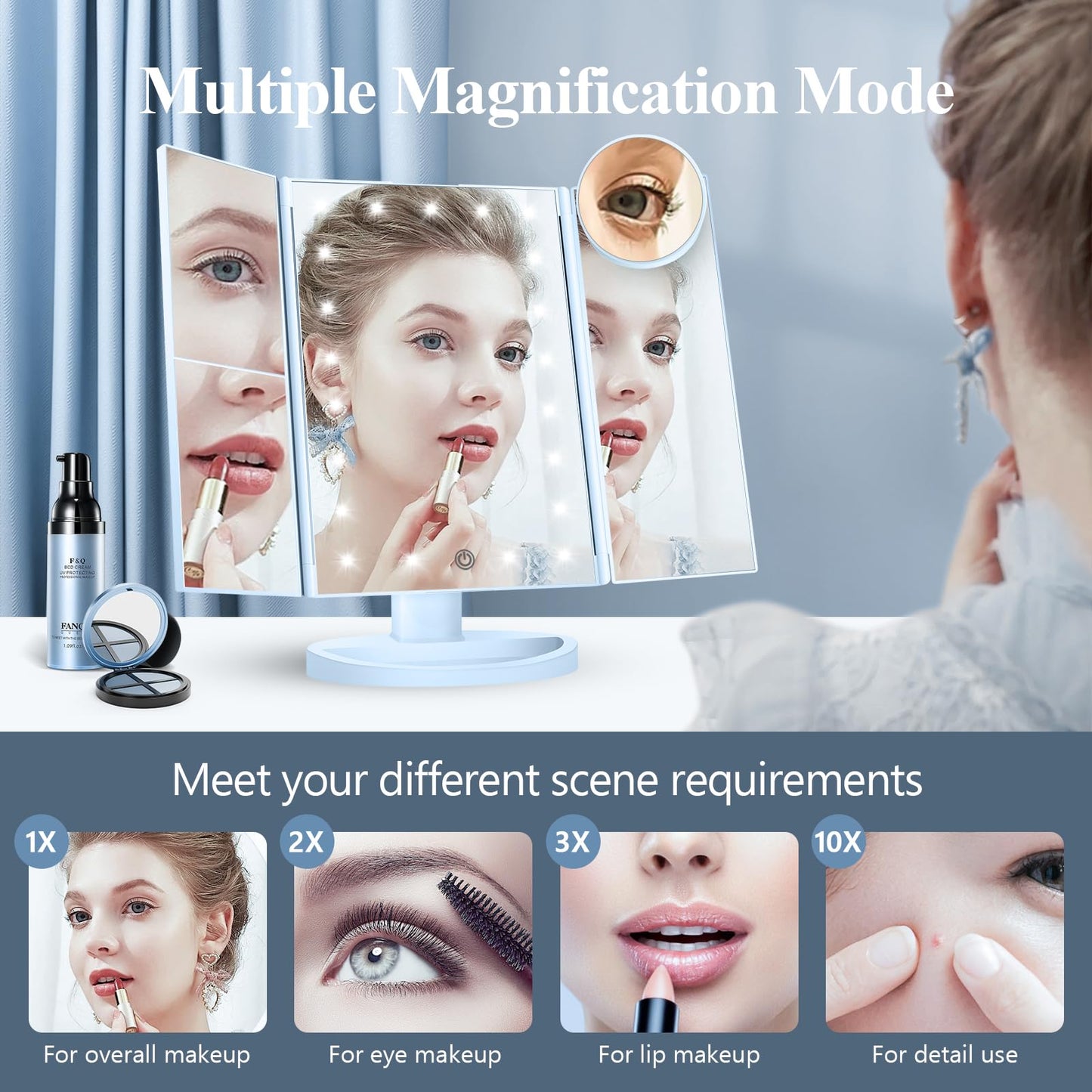 Lighted Vanity Makeup Mirror with 2X/3X/10X Magnification – Trifold LED Mirror with Touch Control & Dual Power Supply