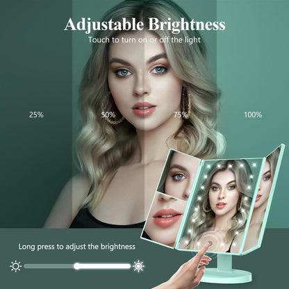 Lighted Vanity Makeup Mirror with 2X/3X/10X Magnification – Trifold LED Mirror with Touch Control & Dual Power Supply