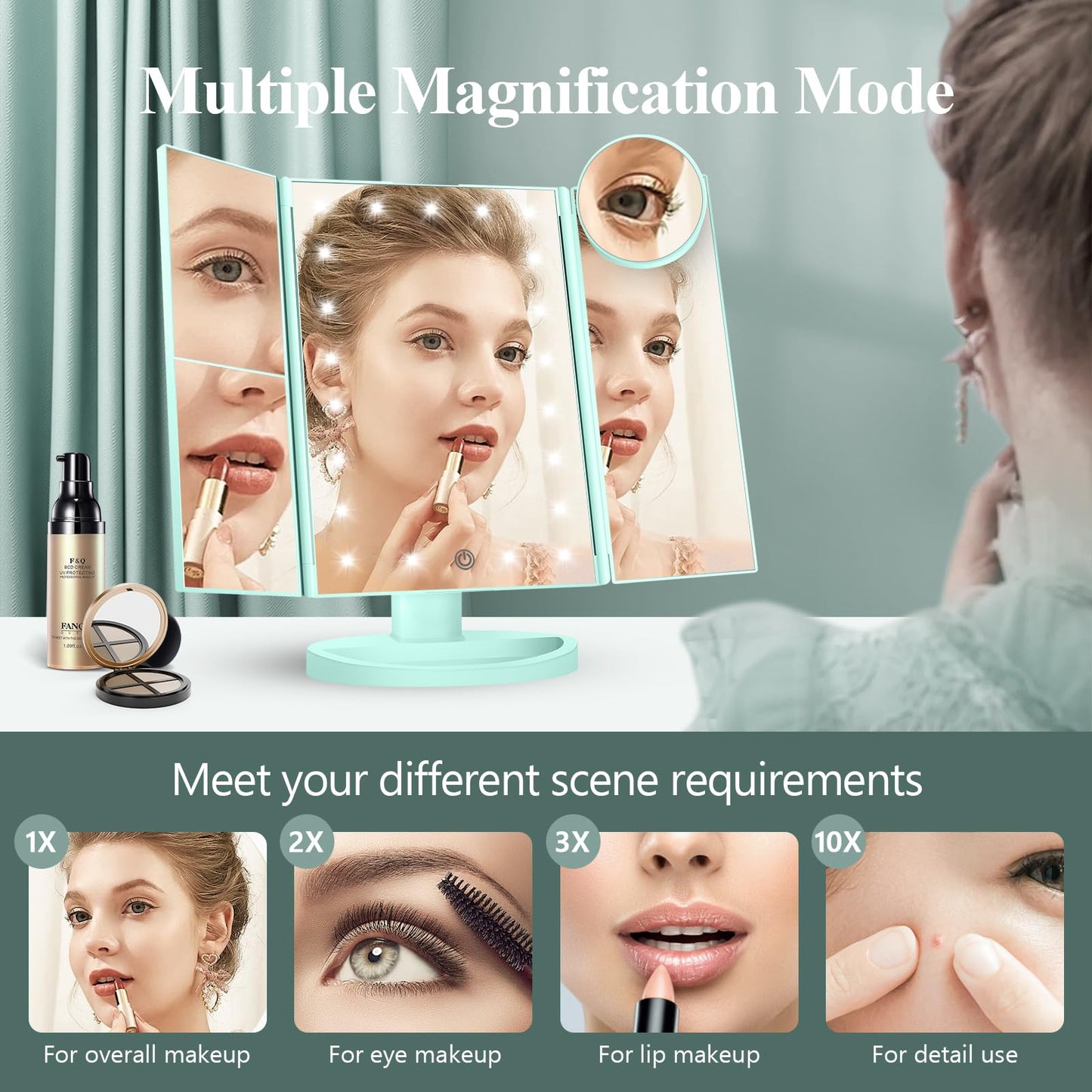 Lighted Vanity Makeup Mirror with 2X/3X/10X Magnification – Trifold LED Mirror with Touch Control & Dual Power Supply