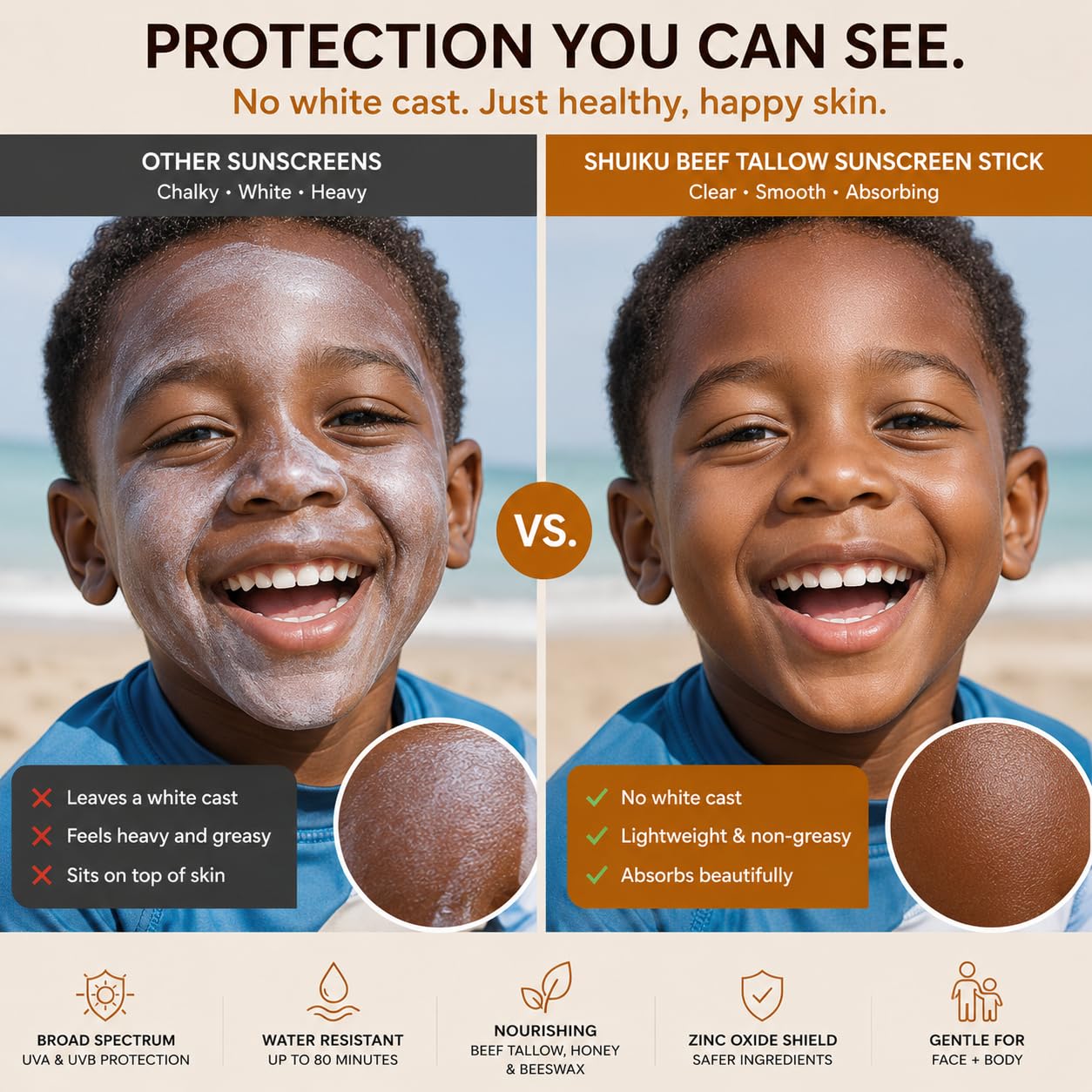 Beef Tallow Mineral Sunscreen Stick SPF 50 with Non-Nano Zinc Oxide, 0.53 oz