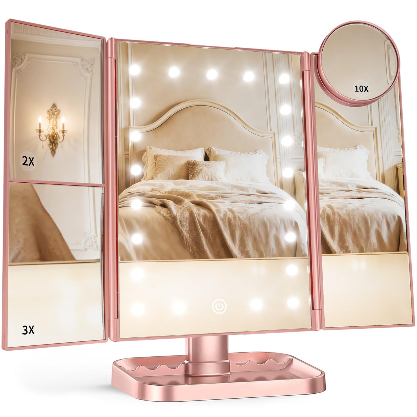 Lighted Vanity Makeup Mirror with 2X/3X/10X Magnification – Trifold LED Mirror with Touch Control & Dual Power Supply