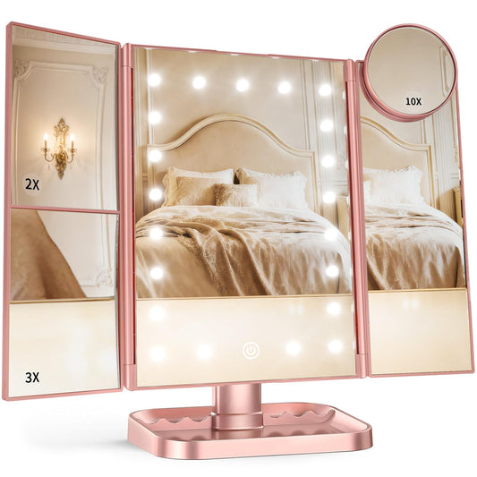 Lighted Vanity Makeup Mirror with 2X/3X/10X Magnification – Trifold LED Mirror with Touch Control & Dual Power Supply