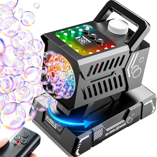 Bubble Machine Remote Control 98ft Range,Auto Rotation & 11 RGB Lights, 1800mAh Rechargeable Battery/USB-C Charging,Top-Fill Portable Bubble Maker for Kids Birthday Party Wedding Pool Outdoor